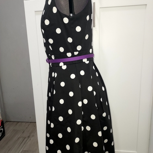 Polka Dot Black Dress with Purple Belt - Picture 4 of 12